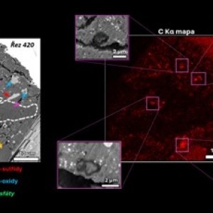 FIB-SEM tomografie. Vlevo: BSE snímek vybraného řezu s přiřazenými minerály. Vpravo je uvedena vybraná EDS mapa uhlíku. Viditelné hot-spoty odpovídají organickým částicím. „Zašuměné“ okolí odpovídá difuzní organické hmotě rozp